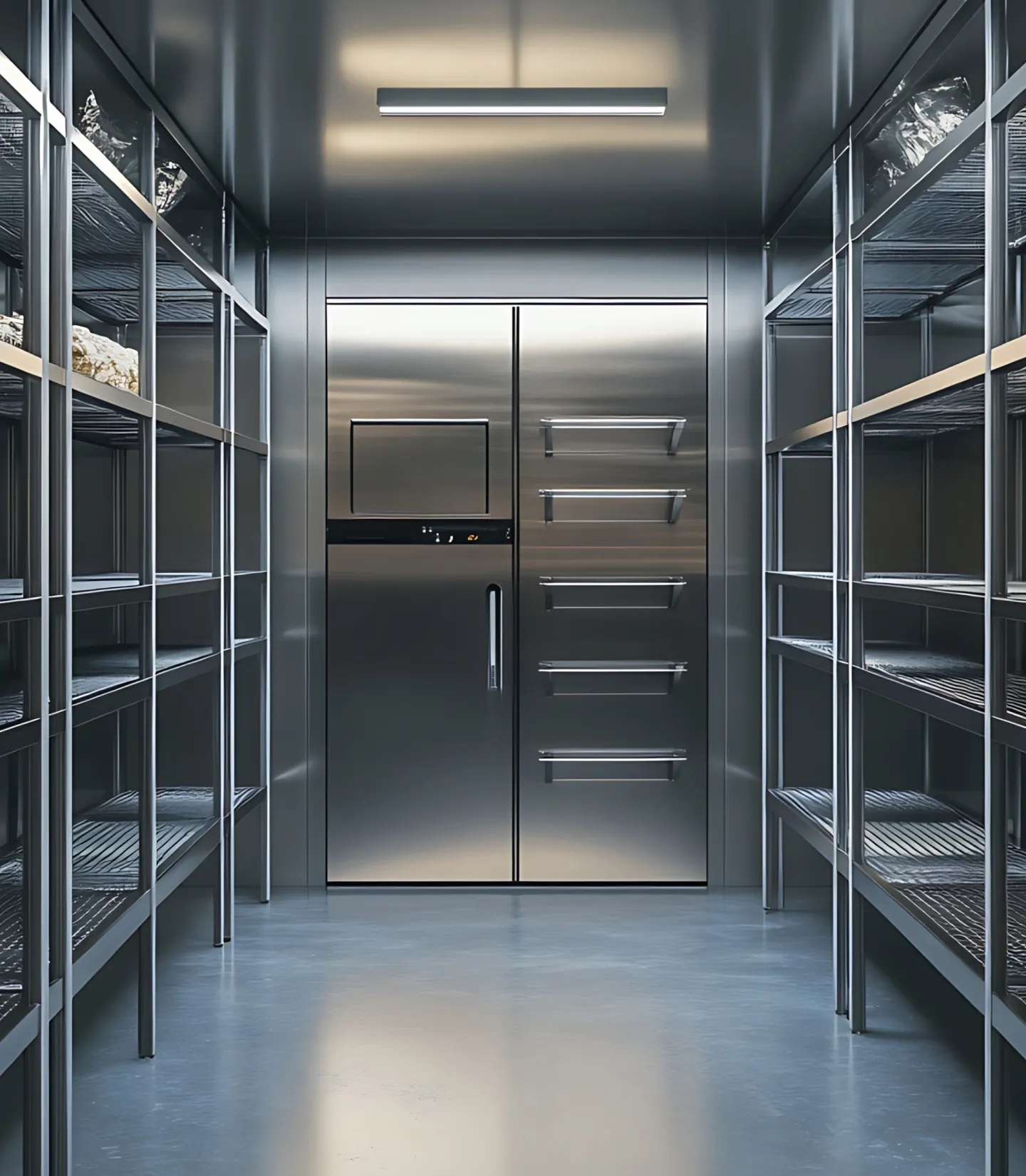 A room with steel shelving and draws.