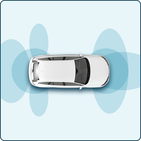 Graphic that shows assistance sensors of a vehice for assisted driving