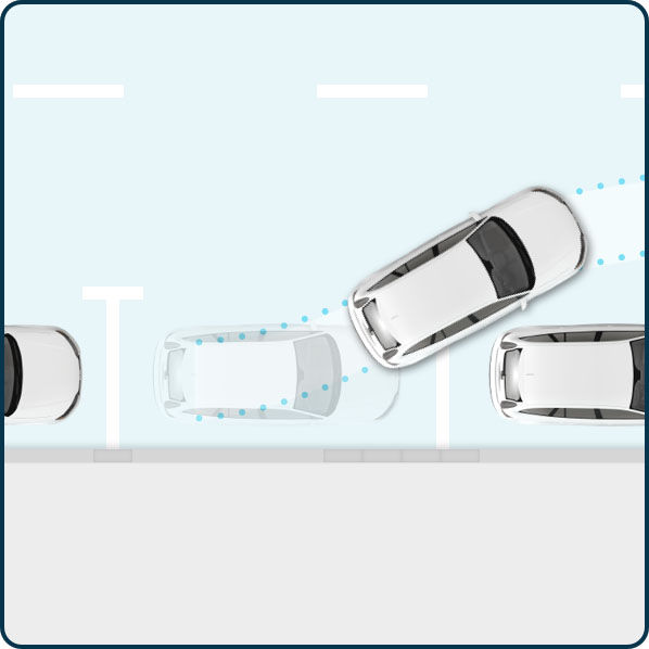 Graphic showing a vehicle autonomously parking between two other cars