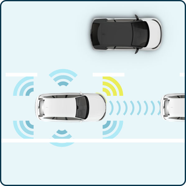 Graphic of a fully automated car (level 4) that has sensors which notice the vehicle in front