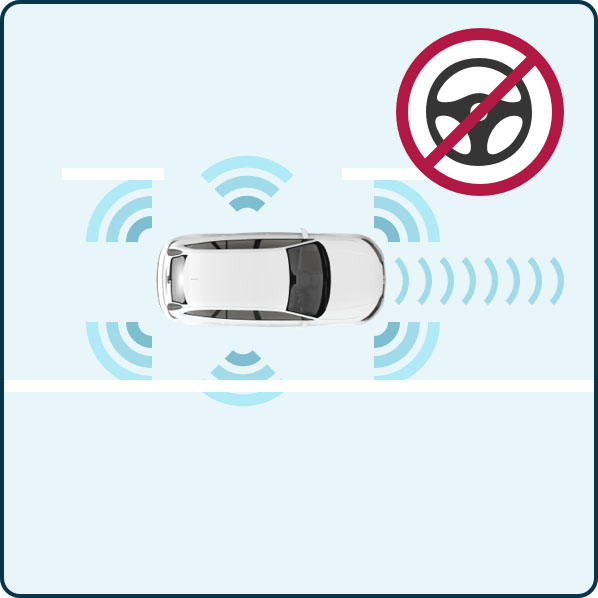 A graphic of an autonomous car with sensors all around the vehicle