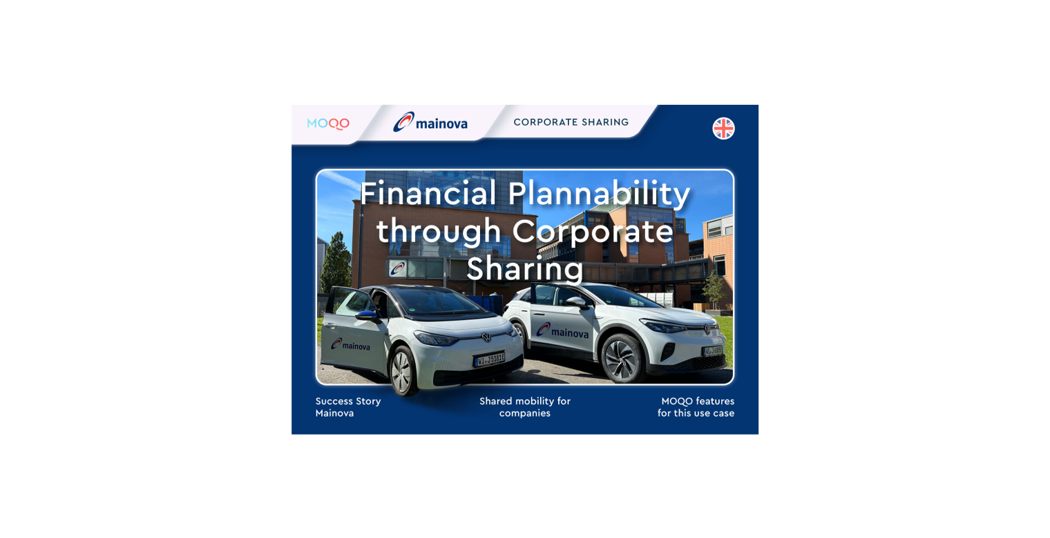 The front page of the Mainova case study, showing two corporate sharing cars in front of an office building and the headline "Financial Plannability through Corporate Sharing"