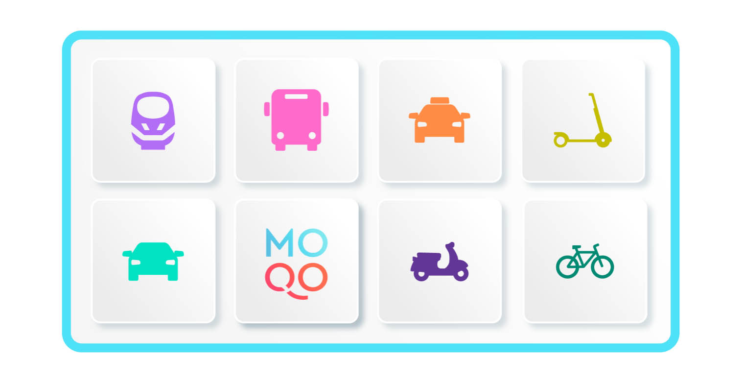 Eight icons showing different mobility types, one of the icons is the MOQO logo as a mobility platform