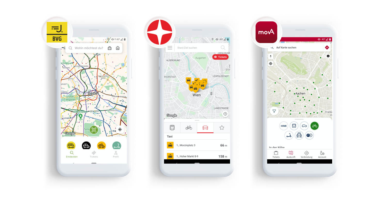 Three phones showing screenshots of different MaaS-platforms: Jelbi, WienerLinien and movA