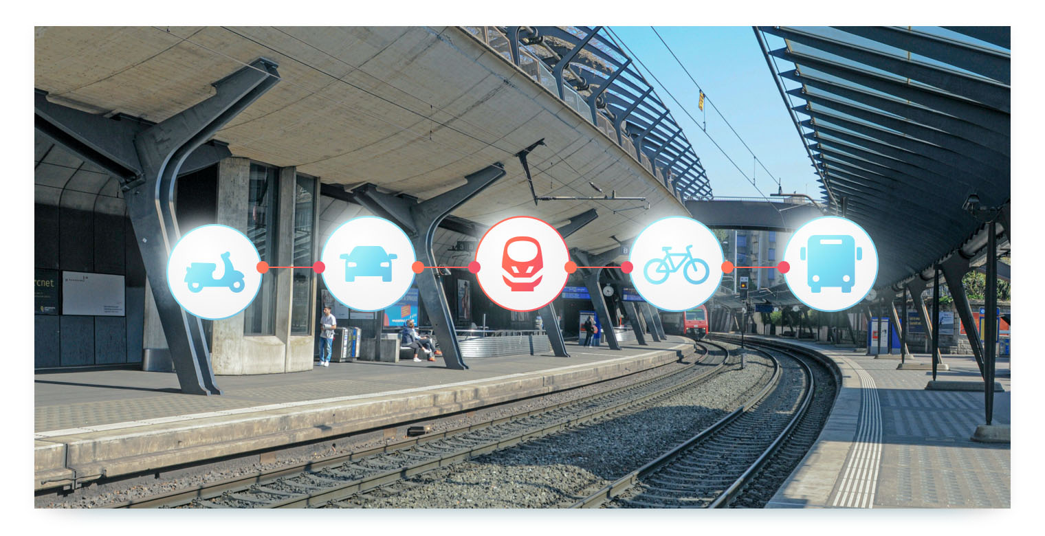 Railway tracks in a train station and icons of different mobility options (scooter, car, train, bike, bus) in layover 