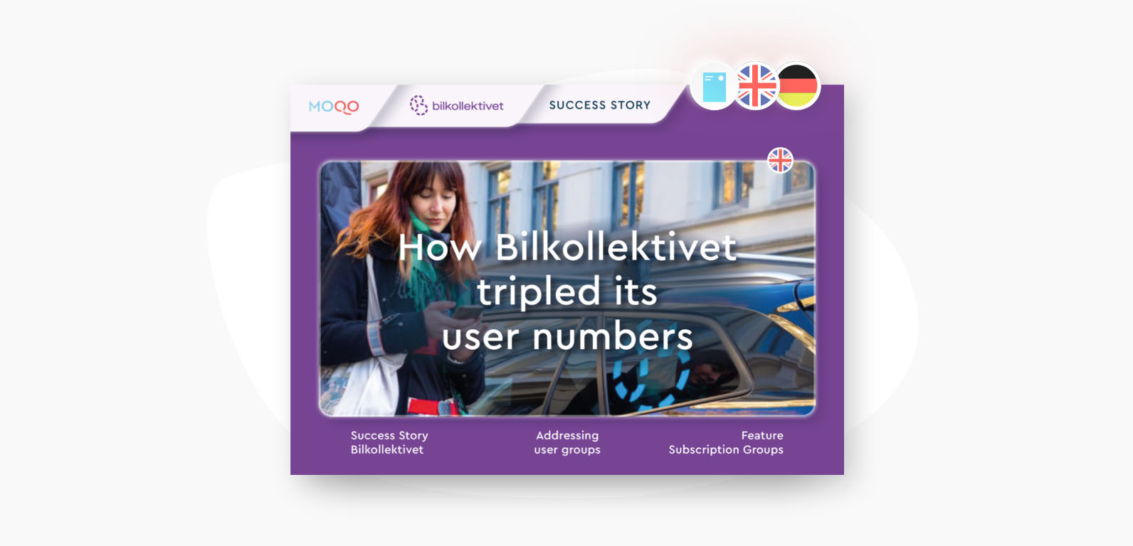 The case study front page featuring a picture of a woman looking at her phone on a city street, with the title "How Bilkollektivet tripled its user numbers". The logos for Moqo and Bilkollektivet are in the top left corner, and the flags of the United Kingdom and Germany are in the top right.