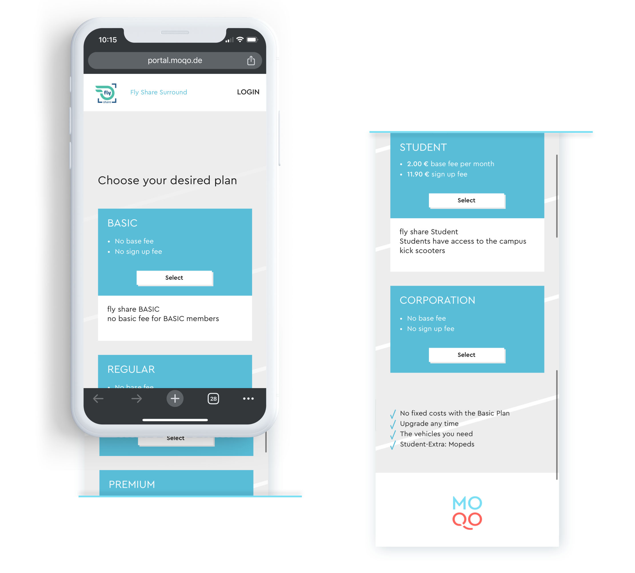 A composite image showing two views of a car-sharing app. On the left is a mobile phone display showing subscription plans "BASIC," "REGULAR," and "PREMIUM." On the right is a vertical view of the full screen, showing additional "STUDENT" and "CORPORATION" plans and details.