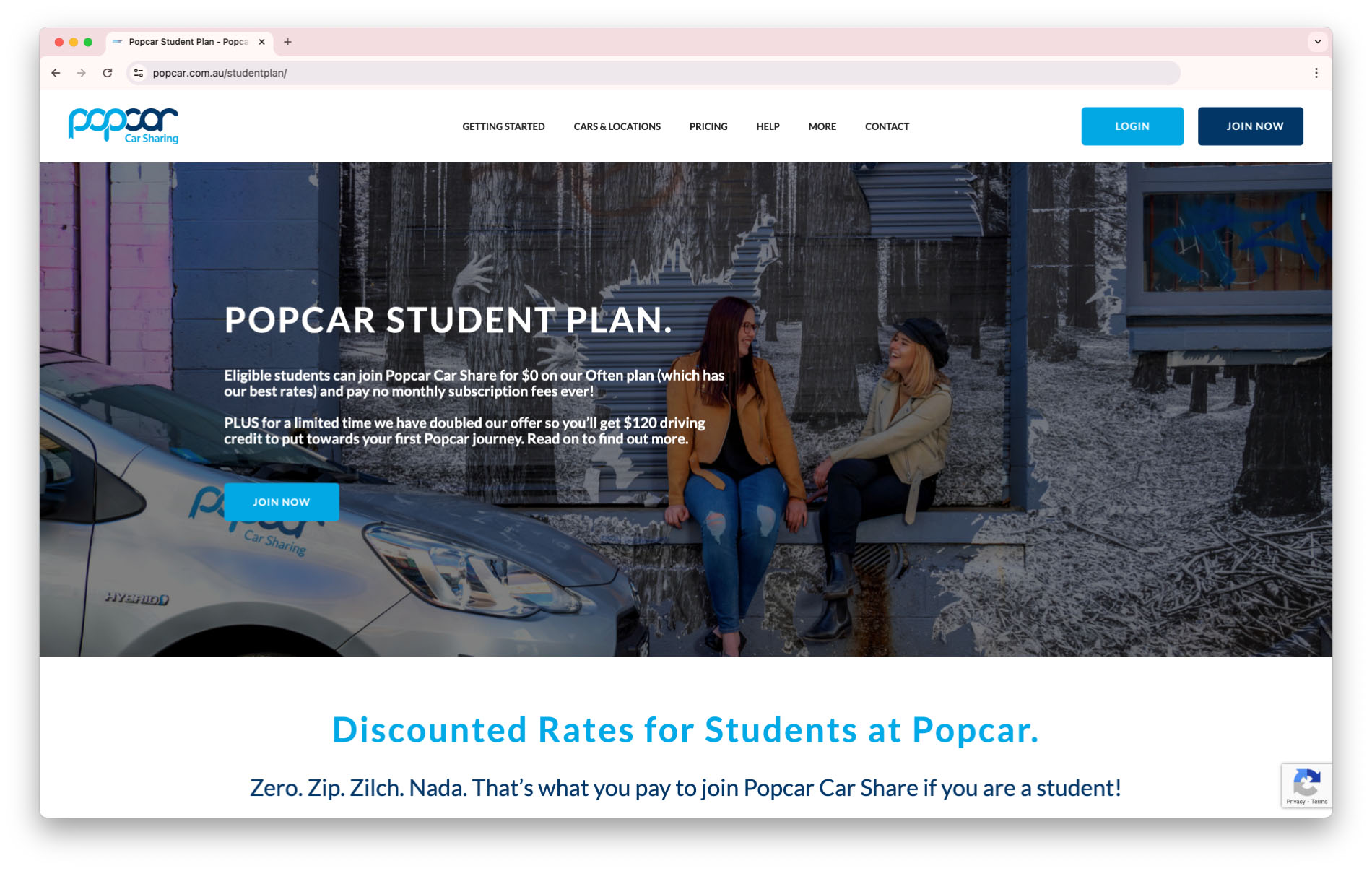 A screenshot of the Popcar website's student plan page. The top of the page features a large banner image of two women sitting on a curb next to a Popcar vehicle, and text describing the "Popcar Student Plan."