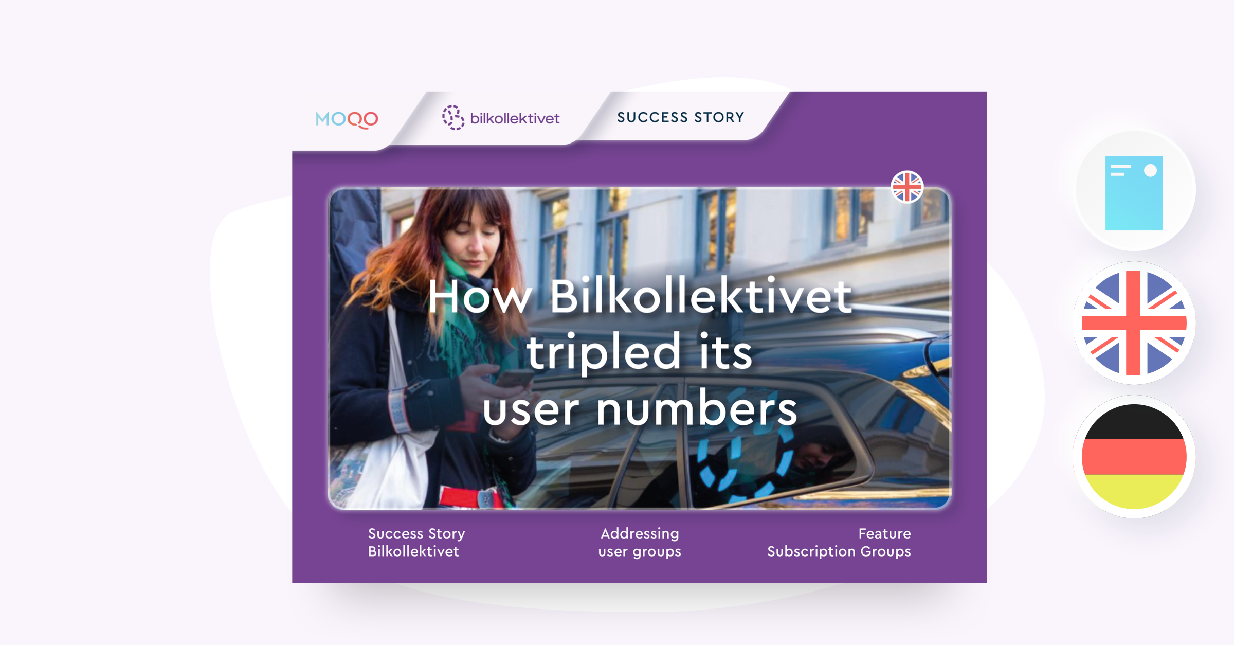 The case study front page featuring a picture of a woman looking at her phone on a city street, with the title "How Bilkollektivet tripled its user numbers". The logos for MOQO and Bilkollektivet are in the top left corner, and the flags of the United Kingdom and Germany are on the right.