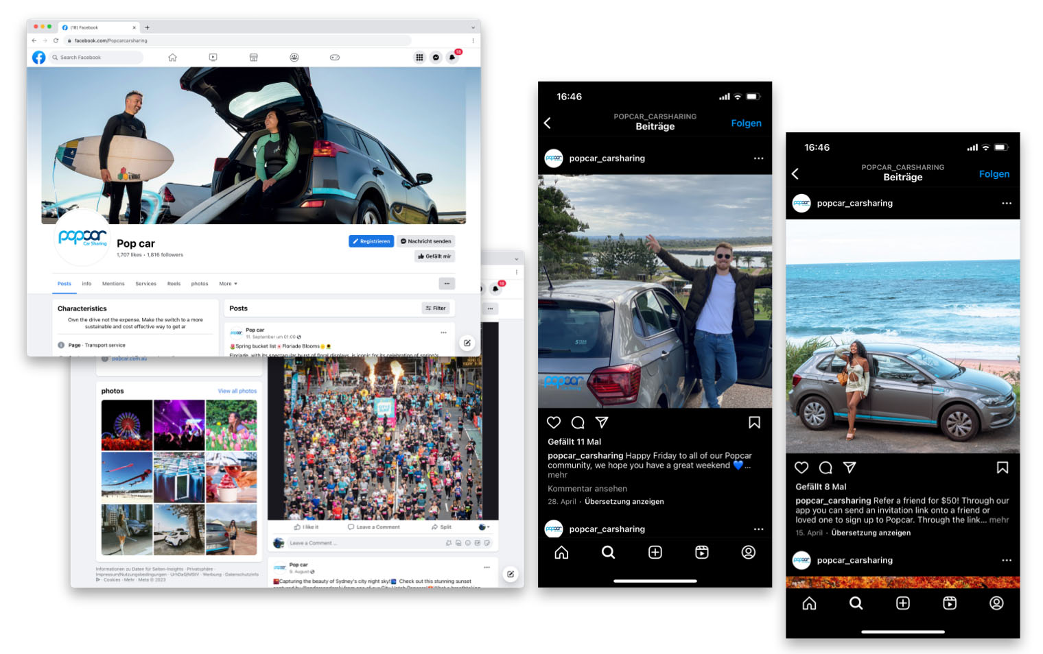 A collage of three images showing a browser window displaying a Facebook page for "Popcar Car Sharing" on the left, and two mobile phone screenshots displaying Instagram posts on the right. The posts show people posing with and using Popcar vehicles.