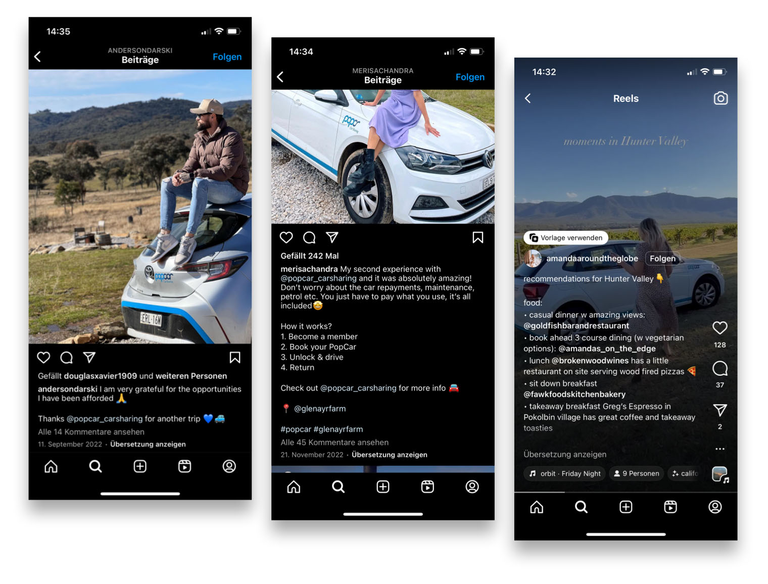 A group of three mobile screenshots side-by-side, displaying various user-generated content from Instagram. The posts show people enjoying the Popcar service and traveling to scenic locations.