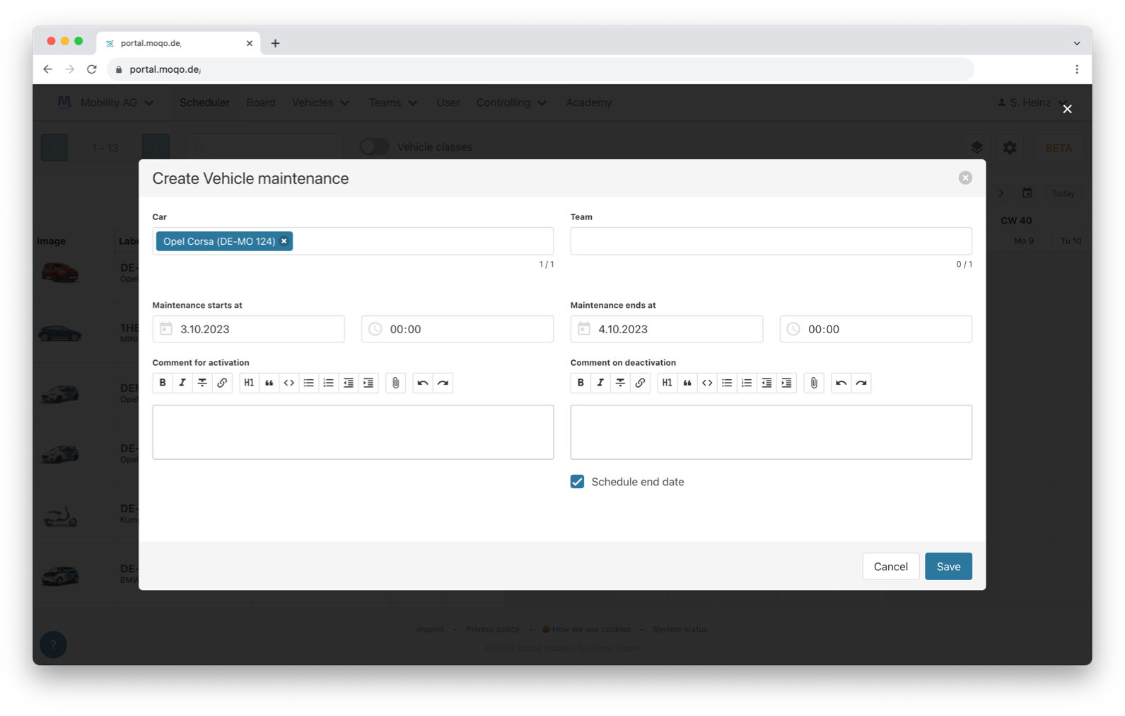 A pop-up window titled "Create Vehicle maintenance" within a web application. The form allows a user to schedule a maintenance period for a specific vehicle, with fields for start and end dates and times, and comments for activation and deactivation.
