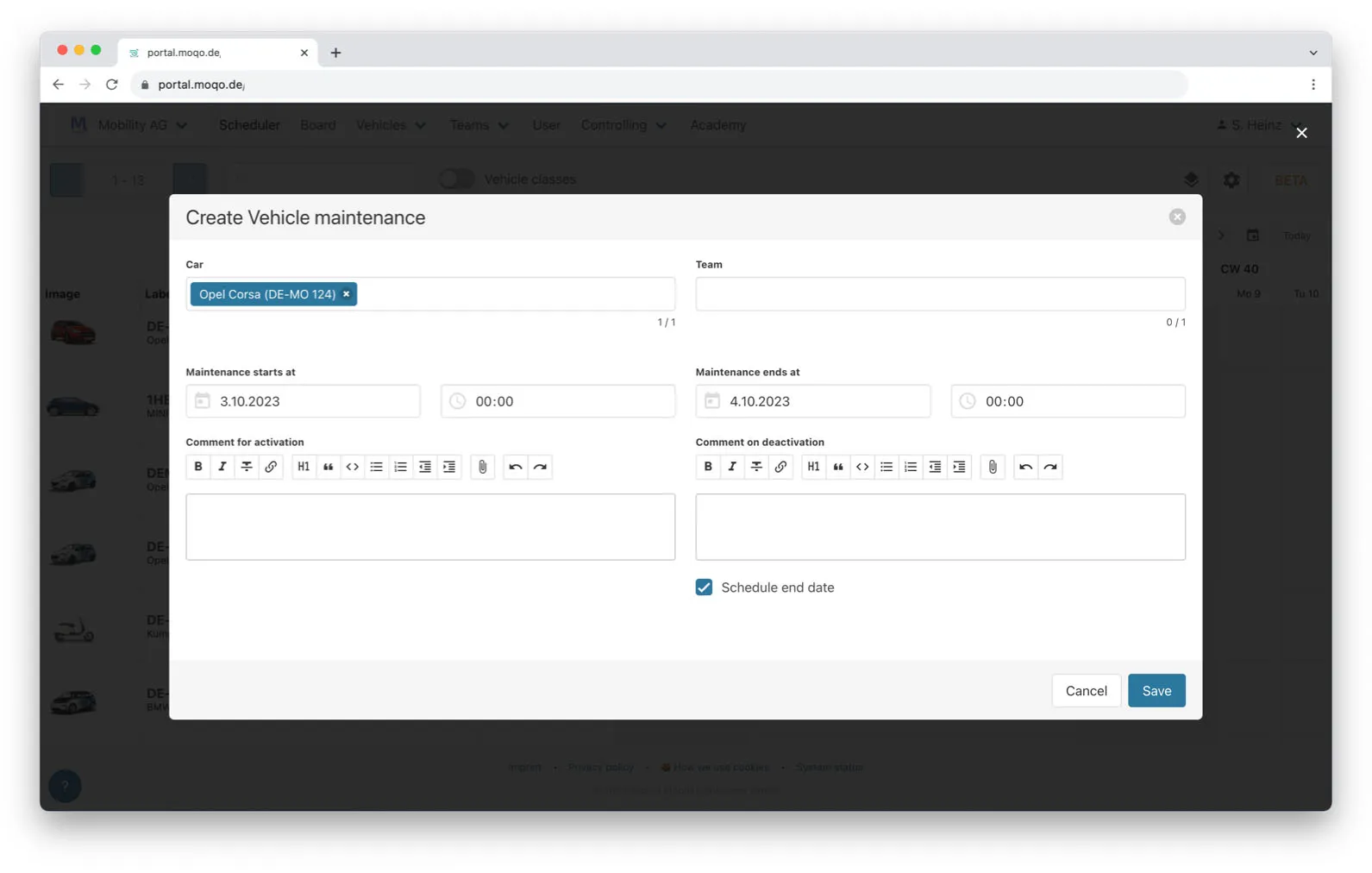 A pop-up window titled "Create Vehicle maintenance" within a web application. The form allows a user to schedule a maintenance period for a specific vehicle, with fields for start and end dates and times, and comments for activation and deactivation.