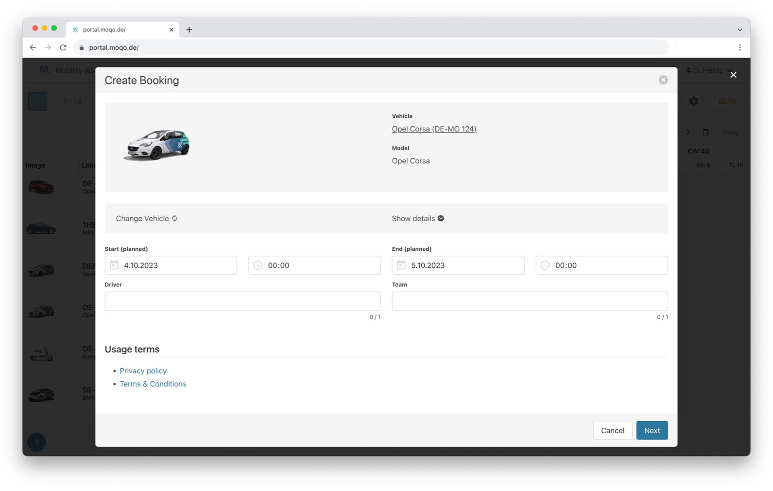A pop-up window titled "Create Booking" for a car-sharing service. The form displays an image of an Opel Corsa and prompts the user to enter planned start and end dates/times, and to assign a driver and team for the booking.