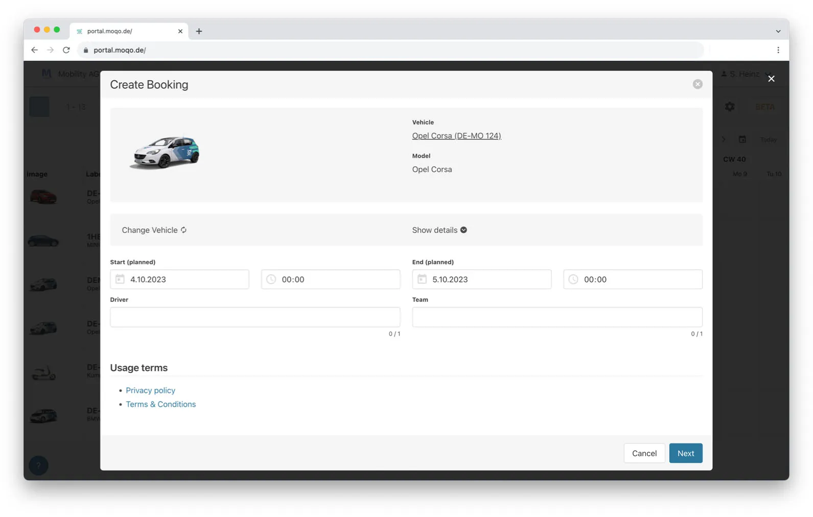 A pop-up window titled "Create Booking" for a car-sharing service. The form displays an image of an Opel Corsa and prompts the user to enter planned start and end dates/times, and to assign a driver and team for the booking.