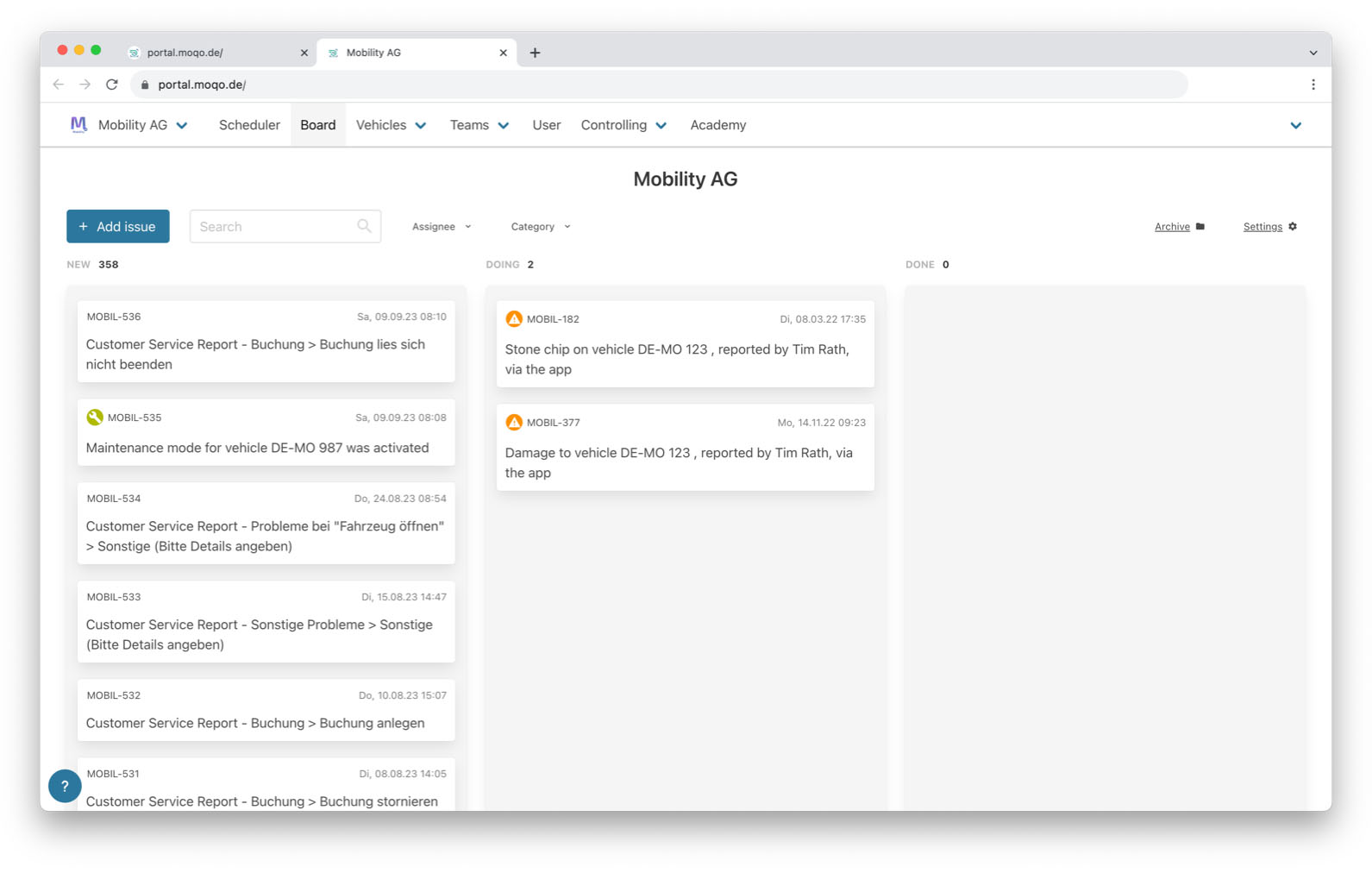 A screenshot of a "Board" view in a web application. It shows a list of issues or tasks related to vehicle maintenance and customer reports, organized into "New," "Done," and "Archive" columns.