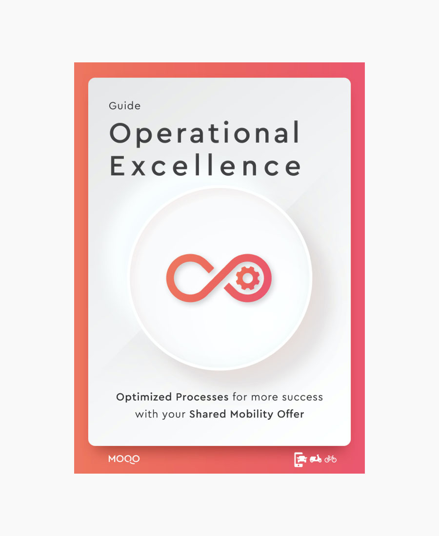 The cover of a guide titled "Operational Excellence." Below the title is a logo with an infinity symbol integrated with a gear. The subtitle reads "Optimized Processes for more success with your Shared Mobility Offer." The logo for MOQO is in the bottom left corner, and icons for a car, a scooter and a bicycle are in the bottom right.