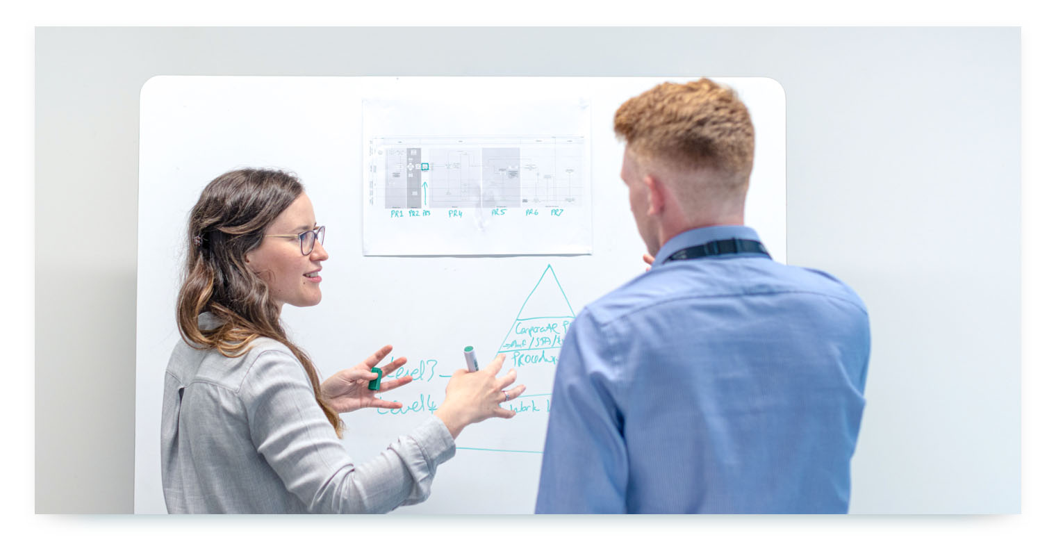 A woman with glasses is talking to a man in front of a whiteboard. She is holding a green marker and gesturing with her hands. The whiteboard has diagrams and writing on it, including a pyramid shape and some flow chart elements.