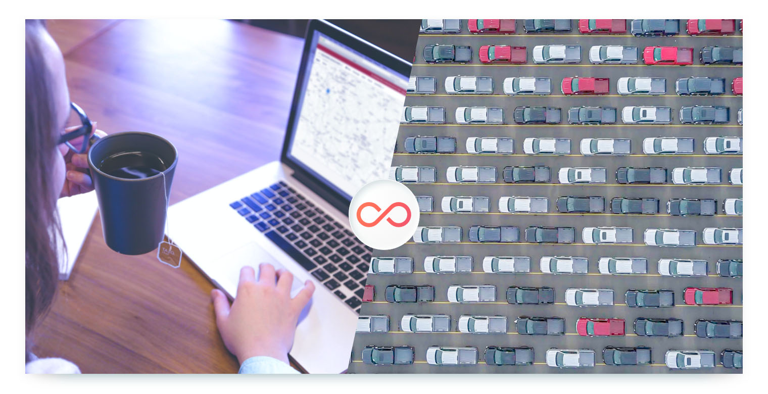 A split-screen image. On the left, a person is working on a laptop, which displays a map. They are holding a dark mug with a tea bag tag hanging from it. On the right, there is a bird's-eye view of a parking lot filled with rows of parked cars. A circular logo with a red infinity symbol and a gear sits in the middle of the image, separating the two scenes.