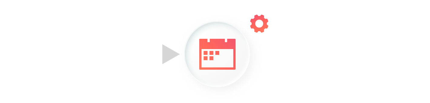 A flow chart icon. A gray triangle points right toward a white circle containing a red calendar. A small red gear icon is in the top right.