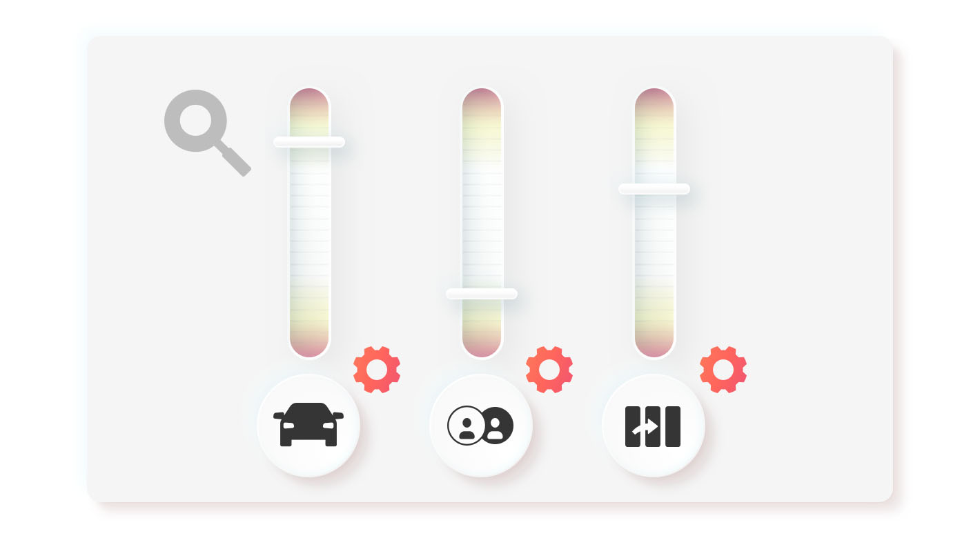 A diagram with three vertical sliders, each topped with a red gear icon. Below each slider is a circular icon: a car, two people, and a door with an arrow. A larger magnifying glass icon is to the left of the sliders.