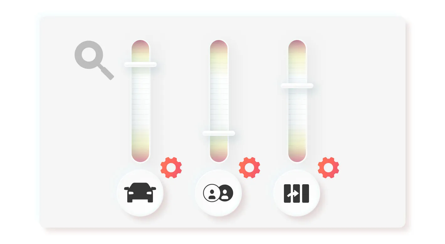 A diagram with three vertical sliders, each topped with a red gear icon. Below each slider is a circular icon: a car, two people, and a door with an arrow. A larger magnifying glass icon is to the left of the sliders.