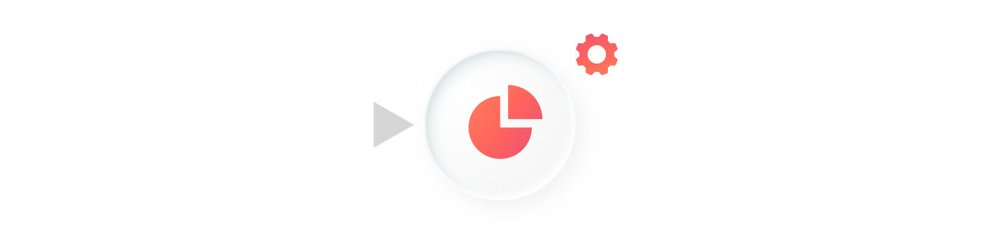 A flow chart icon. A gray triangle points right toward a white circle containing a red pie chart. A small red gear icon is in the top right.