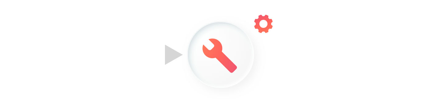A flow chart icon. A gray triangle points right toward a white circle containing a red wrench. A small red gear icon is in the top right.