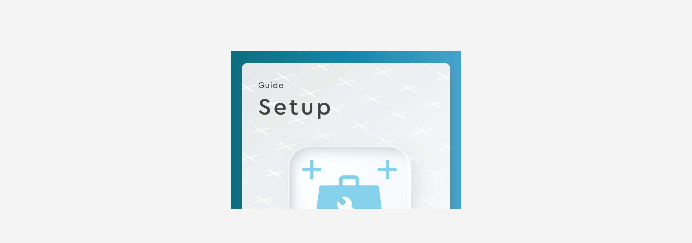 The cover of a guide titled "Setup." The background is a blue-to-white gradient with a pattern of white crosses. The text "Guide" is above the main title. The bottom of the cover shows a blue toolbox icon with a wrench inside.