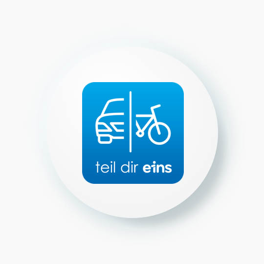 This image features a blue square with a white outline of half a car and half a bicycle. Below the image are the words "teil dir eins."