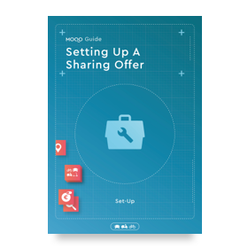 A cover of a guide titled "Setting Up a Sharing Offer." The cover is a technical-style drawing on a blue background, showing an icon of a toolbox with a wrench and a gear. There are also smaller icons of a location pin, a vehicle, and a dashboard. The bottom of the free guide's cover includes a "Set-Up" text and two small vehicle icons.