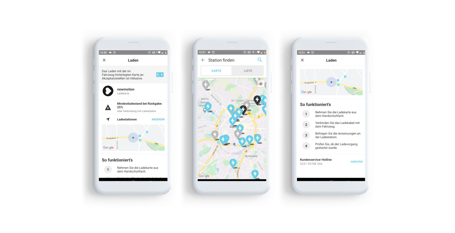 A triptych of three smartphone screens showing a carsharing app. The images show a user viewing a "Ladekarte" (charging card) in the app, a map with available charging stations, and a step-by-step guide on how to charge the car. This highlights the user-friendly experience of using a charging card within a shared mobility app.