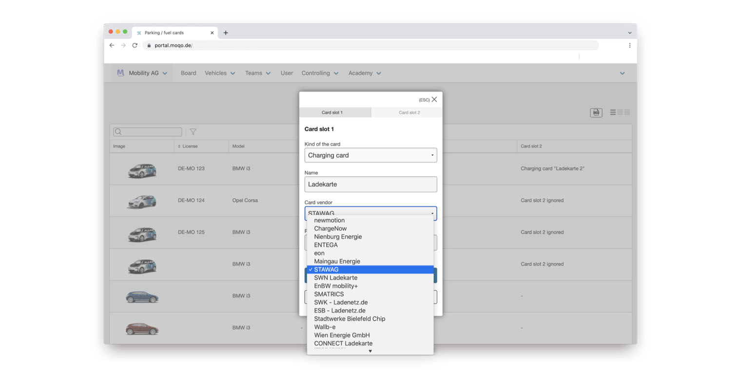 A screenshot of a shared mobility platform's backend dashboard. The image shows a dropdown menu for "Card vendor," with various charging card providers like "STAWAG" and "E.ON" listed. This demonstrates how carsharing operators manage and integrate different charging cards to support their fleet.