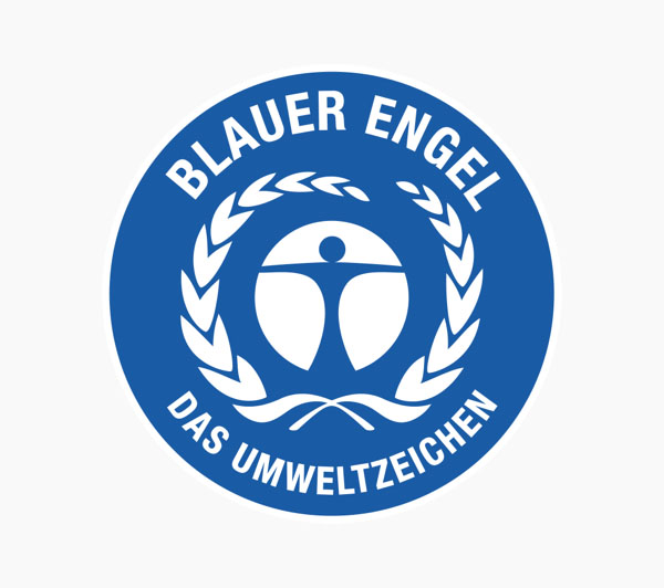 A close-up of the "Blauer Engel" (Blue Angel) logo, a German environmental certification. The logo features a blue circle with the text "Blauer Engel" and "Das Umweltzeichen" (The Environmental Label) surrounding a figure with outstretched arms and a laurel wreath. This image is relevant to sustainability in shared mobility as it represents a recognized standard for environmentally friendly products and services.