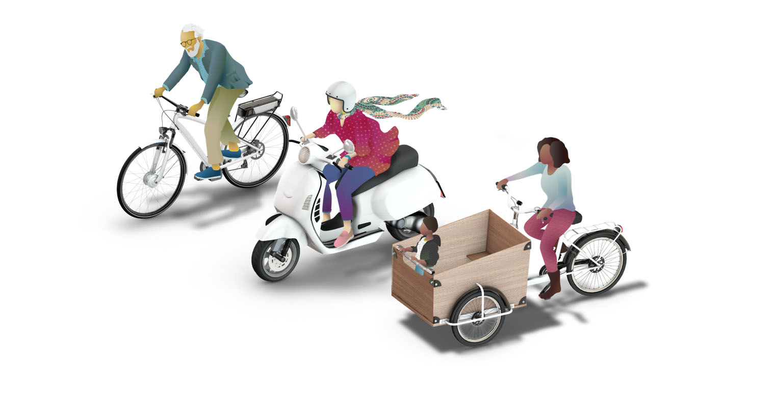 An illustration of diverse individuals using various micro shared mobility vehicles. The image shows an older man on an e-bike, a woman on an e-scooter, and another woman on a cargo bike with a child in the back. 