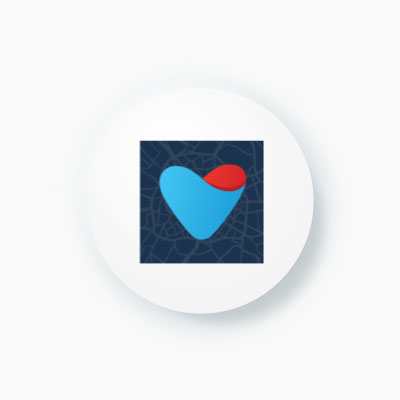 A square app icon with a blue and red heart-like shape on a dark, web-like background. 