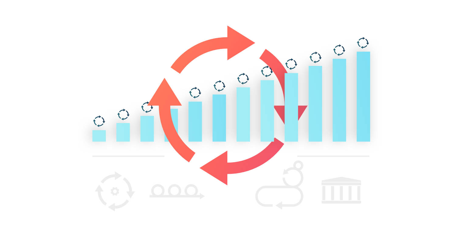 A bar chart showing an upward trend of growth. The bars have small circular arrows on top, representing a cycle of continuous improvement. A large red circular arrow wraps around the bars, reinforcing the concept of a cyclical process. The entire graphic illustrates a successful, continuous process for growth.