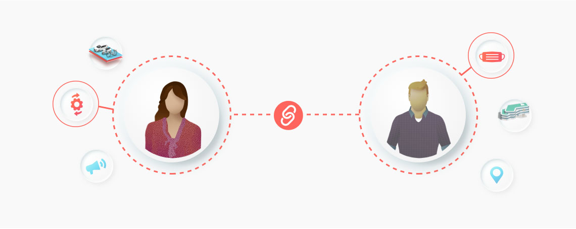 An infographic showing two people connected by a chain link icon in the center. Around each person are smaller icons representing various aspects of shared mobility. These include a gear, a megaphone, a stack of bikes, a parking garage, and a map pin. The image illustrates the key elements and a variety of stakeholders involved in a shared mobility collaboration.