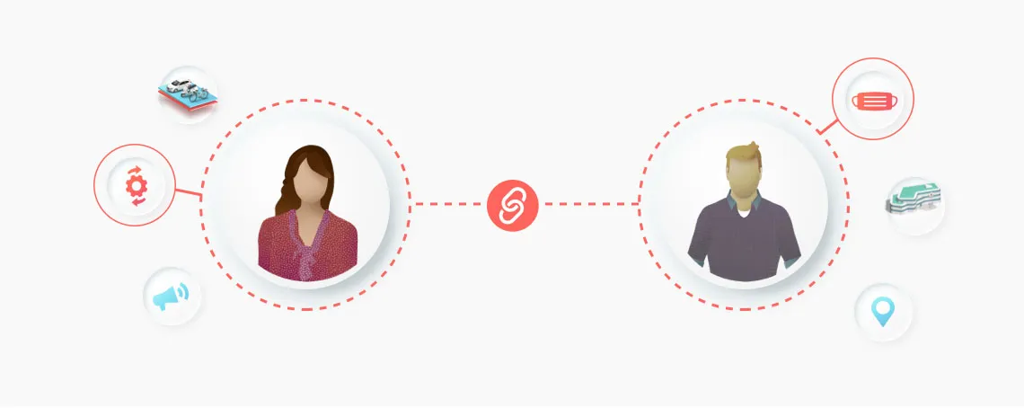 An infographic showing two people connected by a chain link icon in the center. Around each person are smaller icons representing various aspects of shared mobility. These include a gear, a megaphone, a stack of bikes, a parking garage, and a map pin. The image illustrates the key elements and a variety of stakeholders involved in a shared mobility collaboration.