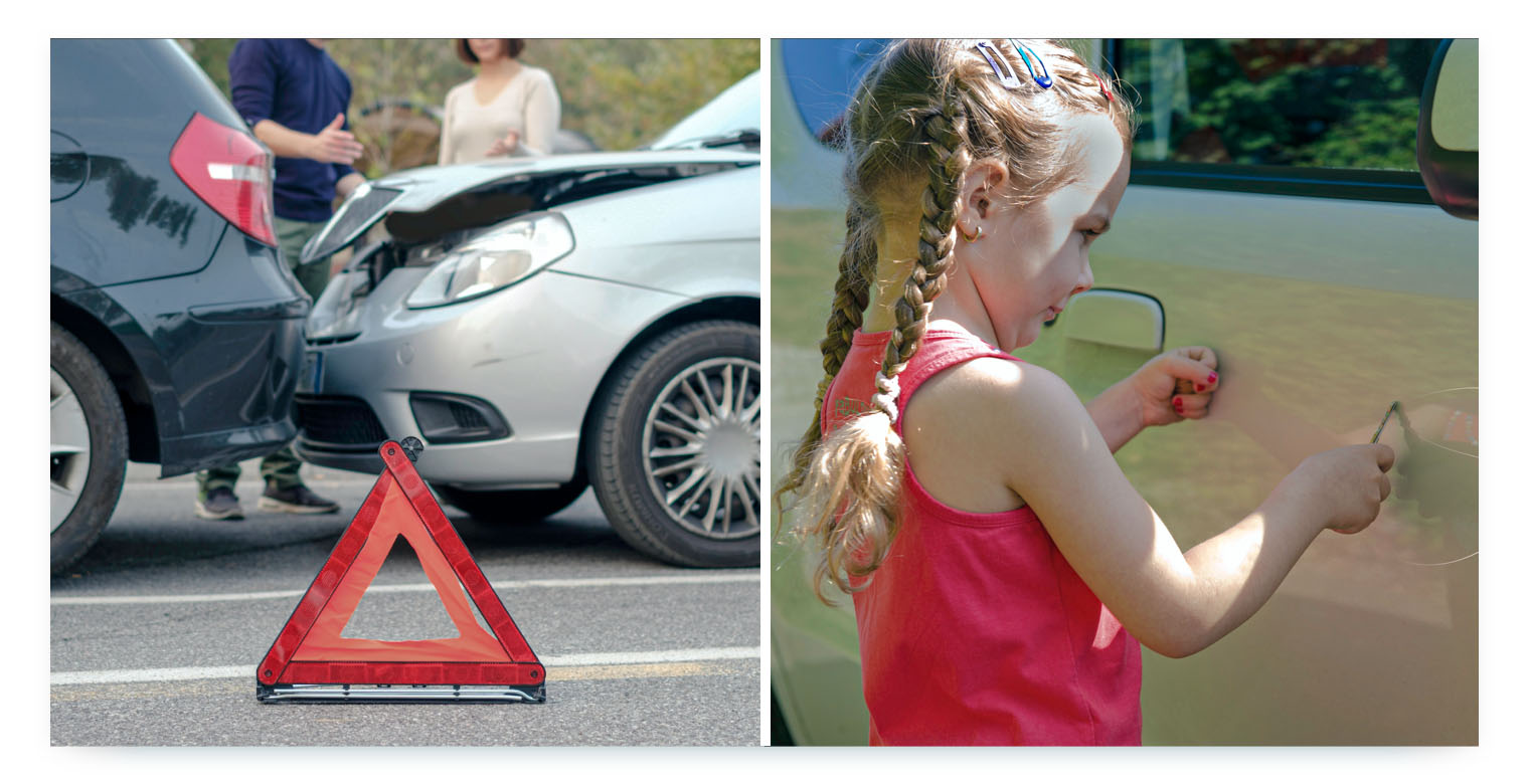 A split-screen image. On the left, a red warning triangle sits on the asphalt in front of two cars that have been in a rear-end collision. Two people stand between the cars, looking at the damage. On the right, a young girl with pigtails and a pink tank top uses a key to scratch a car door.