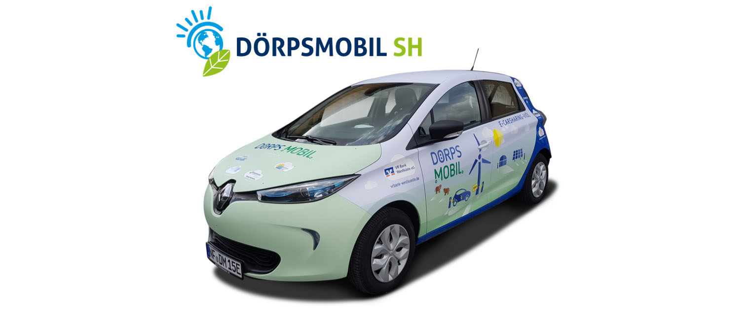 A white and green electric car branded for a rural shared mobility service called "Dörpsmobil SH." The car has a variety of logos and images on it, including a wind turbine, a house, and a solar panel, emphasizing its connection to the countryside. The car is an example of a shared mobility solution specifically designed for a rural community.