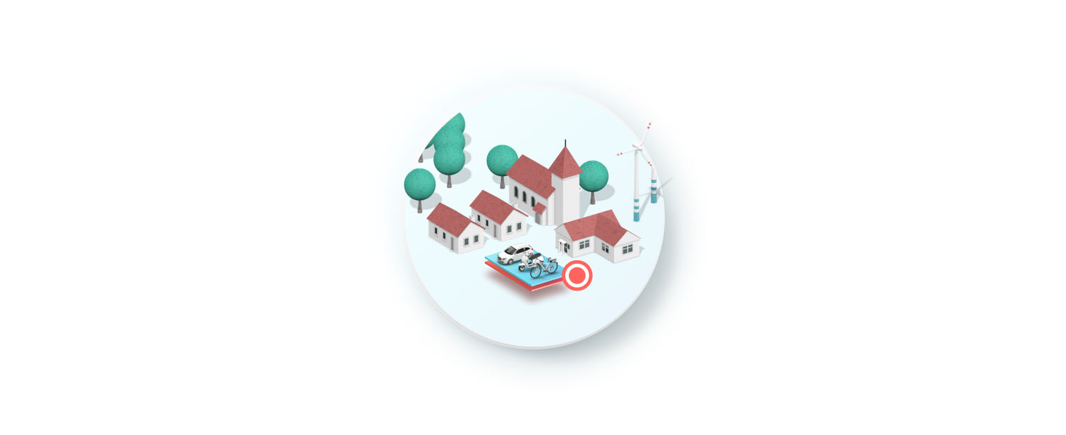 A stylized, circular illustration of shared mobility in a rural setting. Inside the circle, a small village with houses, a church, and trees is depicted. In front of one of the houses, a car and a bike are parked, highlighted by a red location pin with a target symbol, representing a shared mobility station in a rural area.