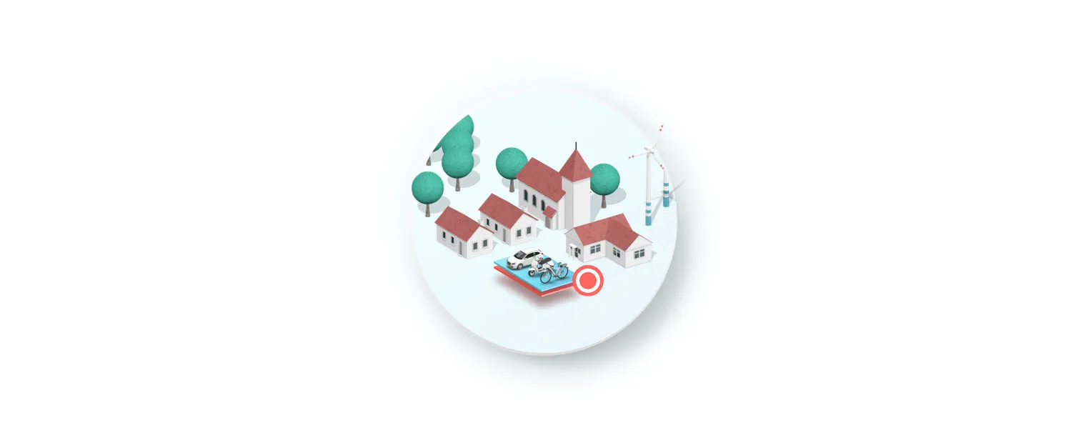 A stylized, circular illustration of shared mobility in a rural setting. Inside the circle, a small village with houses, a church, and trees is depicted. In front of one of the houses, a car and a bike are parked, highlighted by a red location pin with a target symbol, representing a shared mobility station in a rural area.