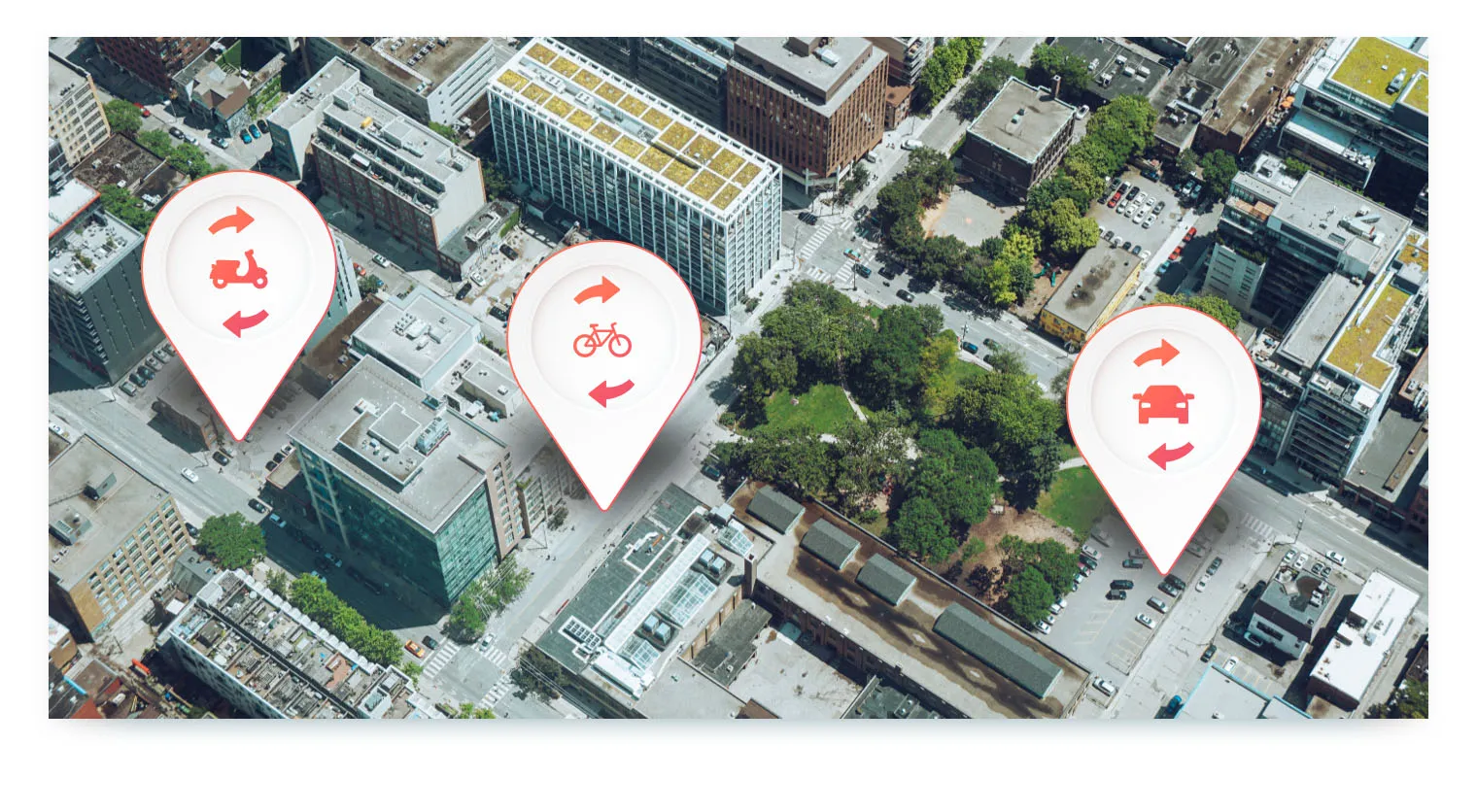 An aerial view of a city with three large pin icons. The pins represent different shared mobility vehicles—a scooter, a bicycle, and a car—with arrows indicating movement, symbolizing the various types of shared vehicles available in a city environment.
