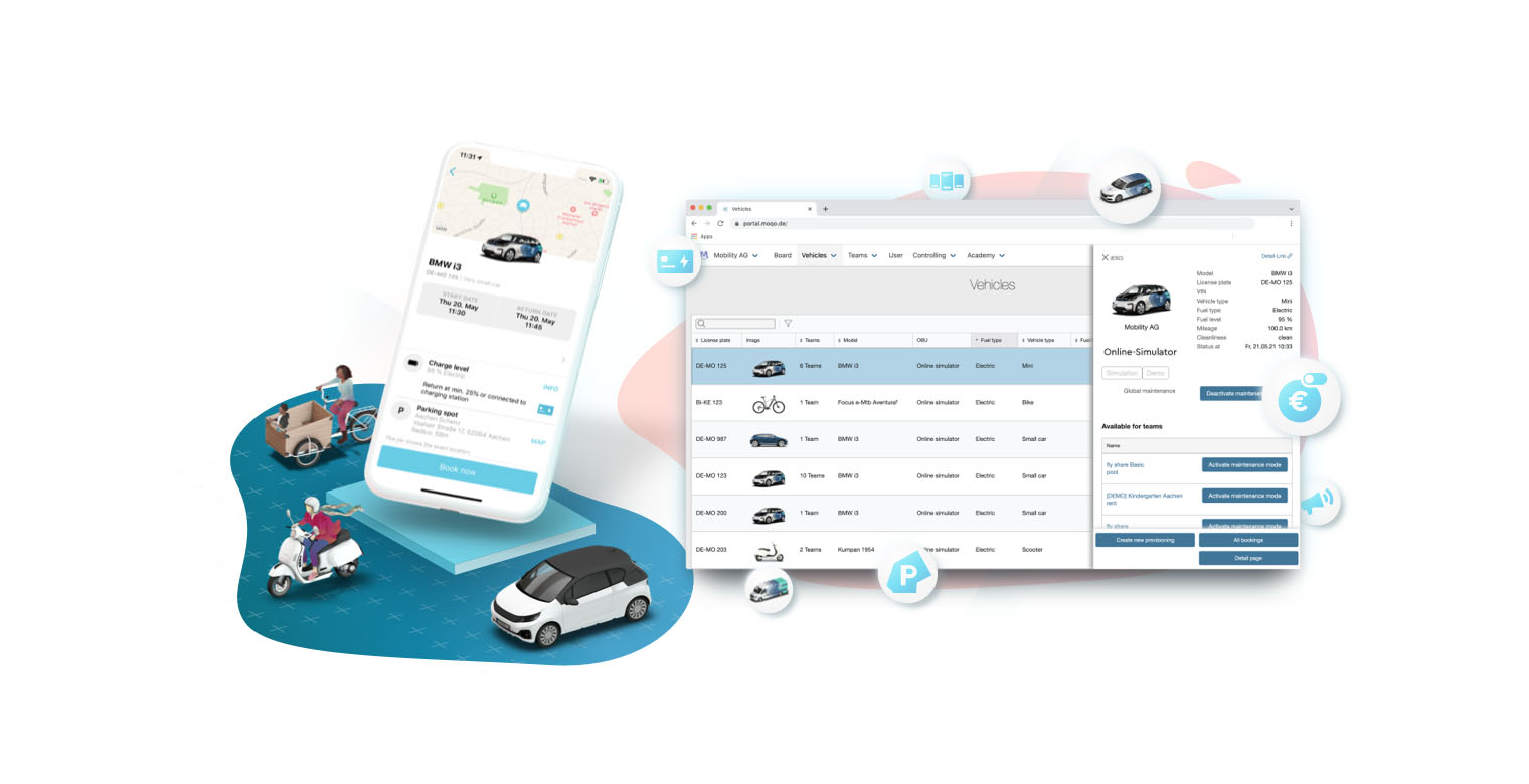 A split-screen image showing a mobile app on the left and a desktop dashboard on the right. The app displays available shared vehicles like a BMW i3, while the desktop dashboard, titled "Vehicles," lists various electric cars, bikes, and scooters, illustrating a fleet management system.