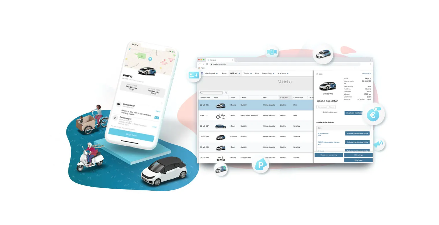 A split-screen image showing a mobile app on the left and a desktop dashboard on the right. The app displays available shared vehicles like a BMW i3, while the desktop dashboard, titled "Vehicles," lists various electric cars, bikes, and scooters, illustrating a fleet management system.