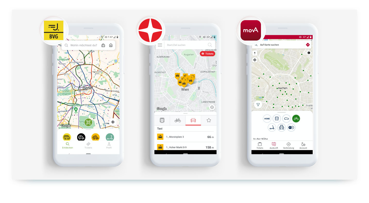 Three smartphones displaying different mobility aggregator apps. The first, a BVG app, shows a map of Berlin. The second shows a map of Vienna with various taxi icons. The third, a moV'A app, shows a map of Aachen with multiple green icons, illustrating how these apps consolidate and display multiple mobility options on a single map.