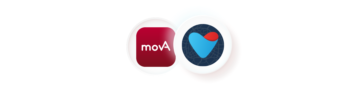 An illustration of two circular logos. The first is the red "movA" logo, a mobility as a service app from Aachen, and the second is the blue heart-shaped logo of bikesharing provider Velocity. This image represents the integration of Velocity into the local aggregator app movA.