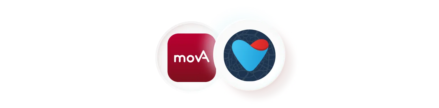 An illustration of two circular logos. The first is the red "movA" logo, a mobility as a service app from Aachen, and the second is the blue heart-shaped logo of bikesharing provider Velocity. This image represents the integration of Velocity into the local aggregator app movA.