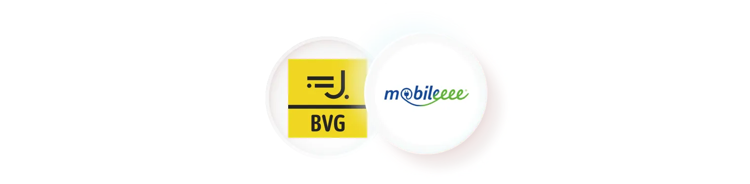 An illustration of two circular logos floating against a black background. The first logo is for "BVG" on a yellow and black background. The second is for "mobileeee" in blue and green text. This visual represents a partnership or integration between different mobility providers within an aggregator app.